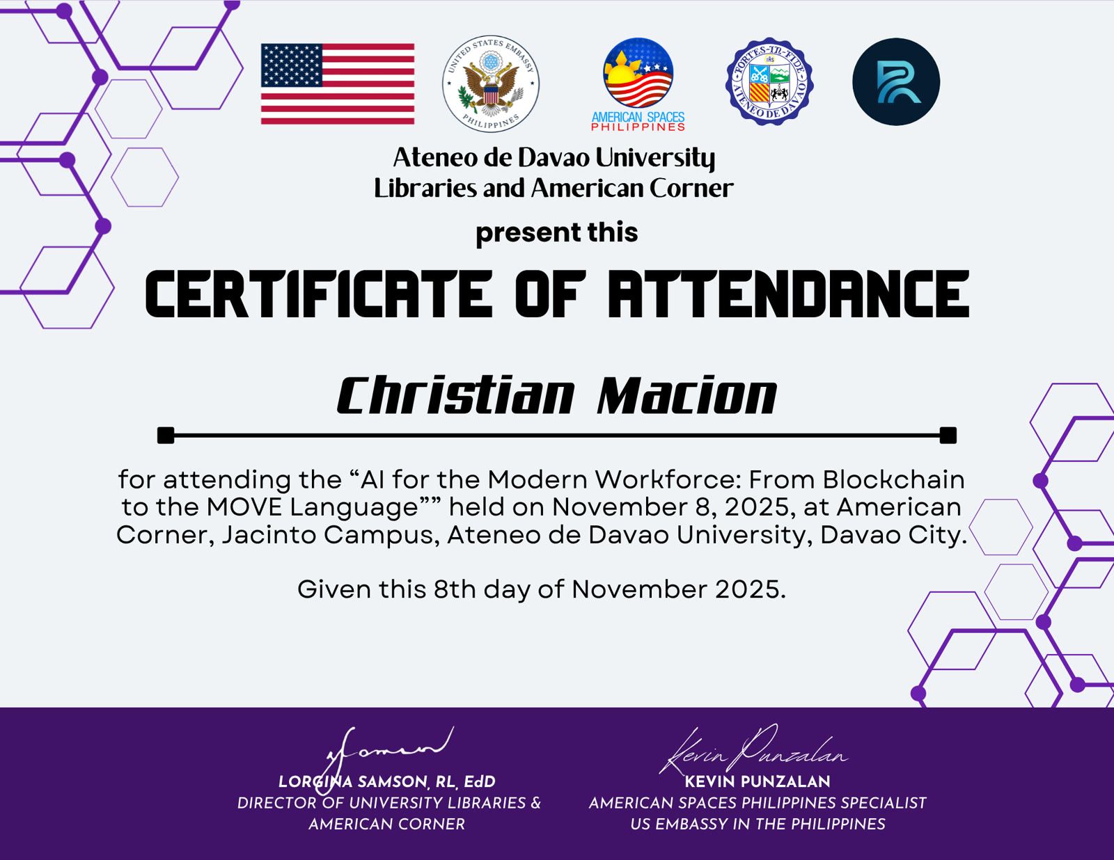Co-signed certificate from Ateneo de Davao University and US Embassy American Spaces Philippines for the AI for the Modern Workforce workshop, Nov 8 2025. Signed by Lorgina Samson (Ateneo) and Kevin Punzalan (US Embassy).