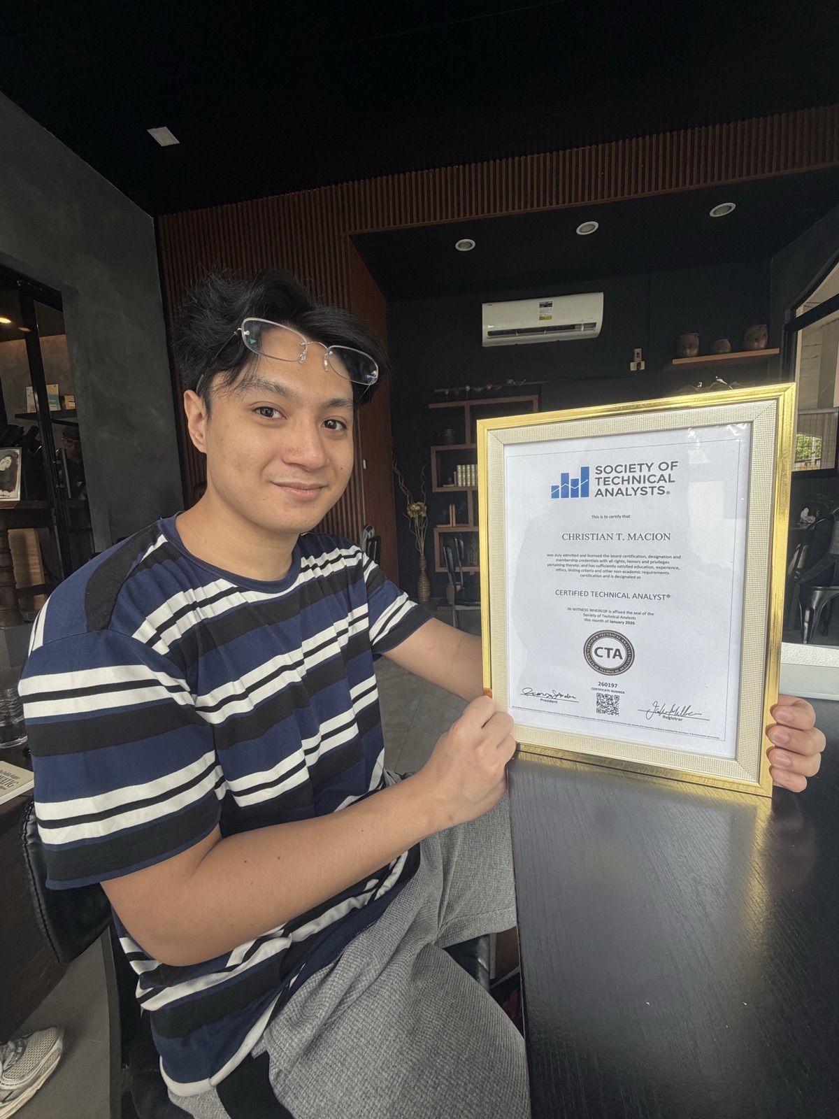 Christian T. Macion holding the Society of Technical Analysts Certified Technical Analyst® certificate, certificate number 260197, awarded January 2026. Visual proof of the Tier-1 CTA designation.